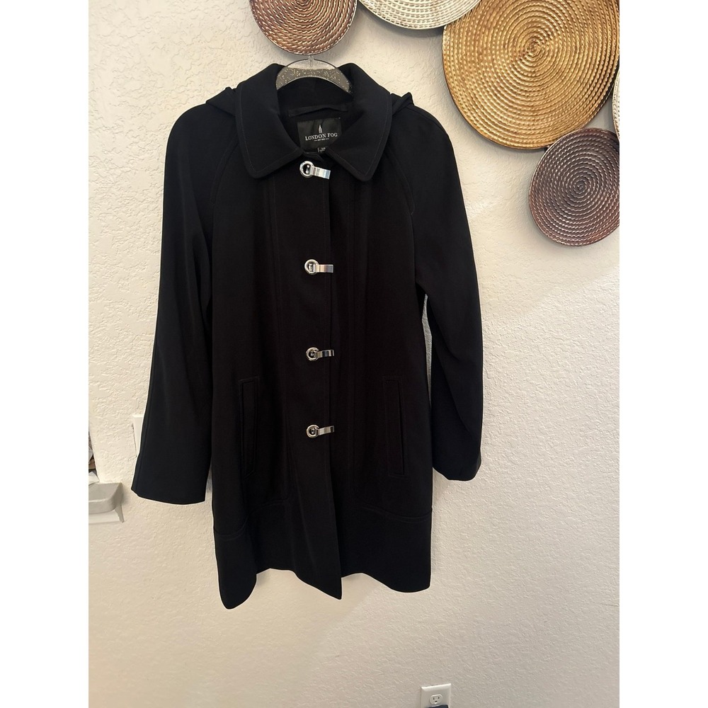 London Fog‎ black trench coat with silver toggle-style closures size Large - Picture 2 of 8